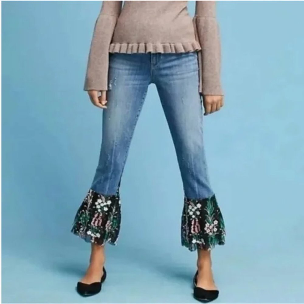Anthropologie Pilcro Floral Lace Hem Pants Size 26